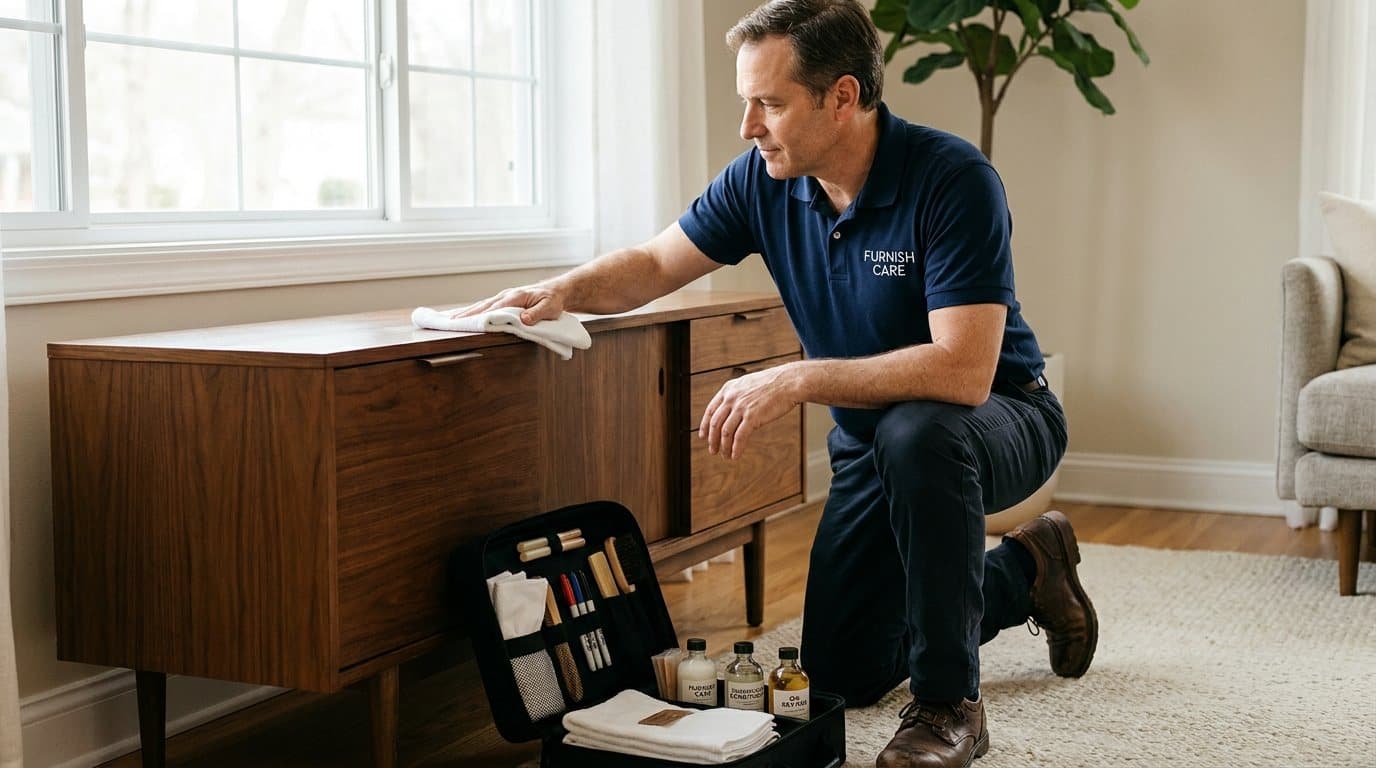 A Furnish Care technician polishing a walnut sideboard with a soft cloth, care kit open beside him