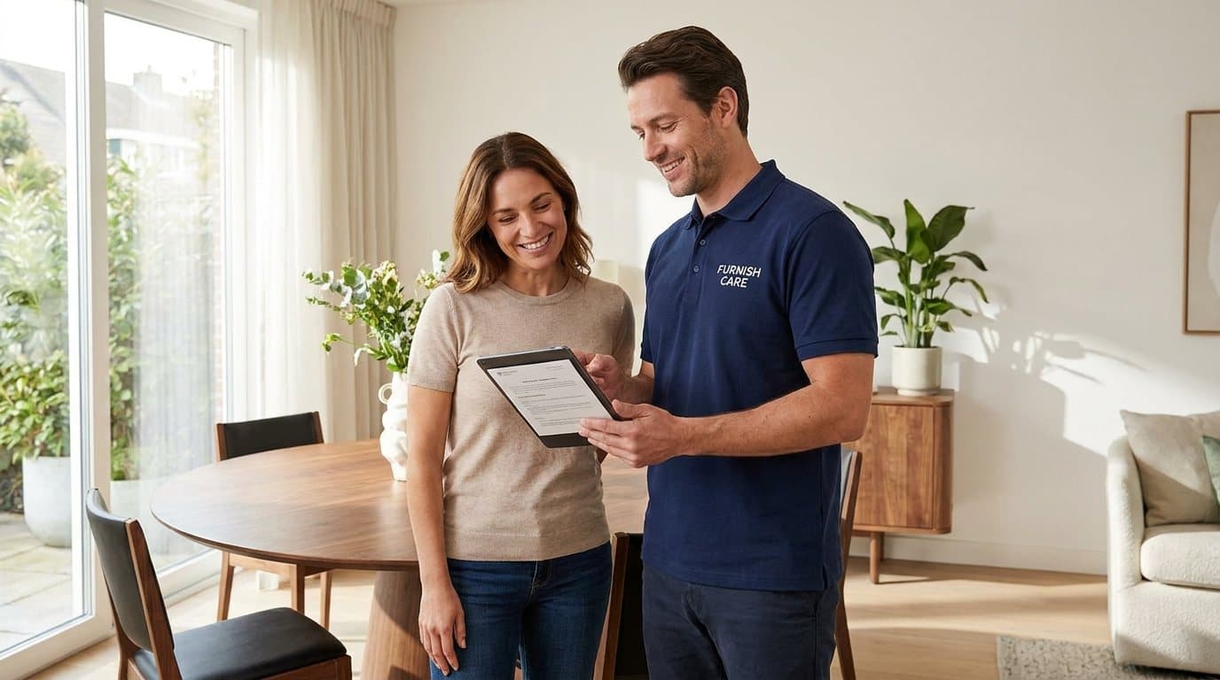 A Furnish Care technician reviewing a condition report on a tablet with a homeowner
