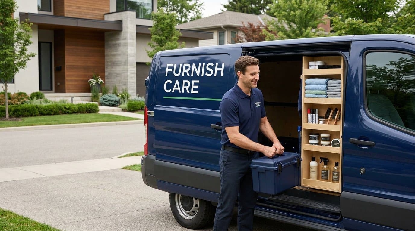 A Furnish Care technician unloading a care kit from a Furnish Care van